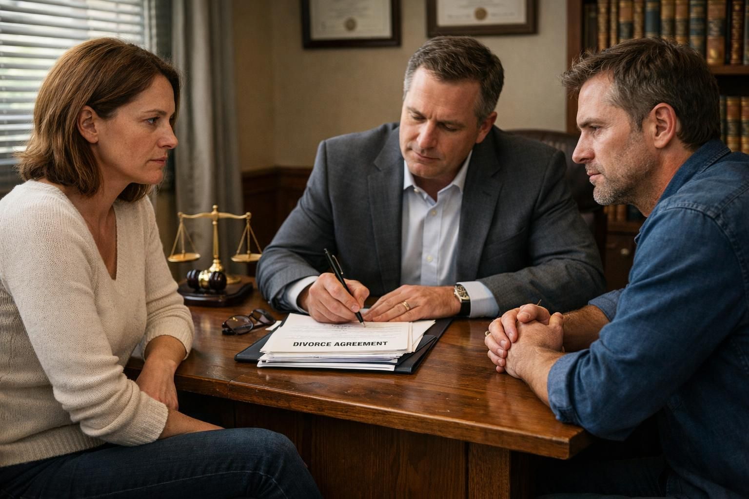 A couple discusses divorce matters with their attorney in an office. A couple discusses divorce matters with their attorney in an office.