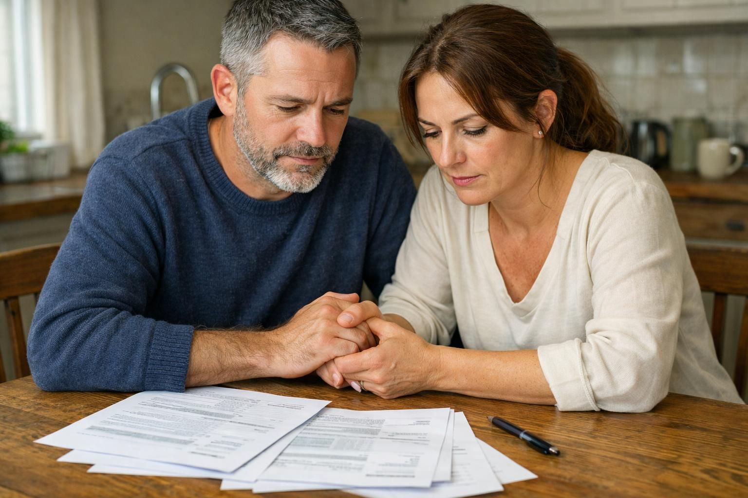 A couple discusses financial documents at their kitchen table. A couple discusses financial documents at their kitchen table.