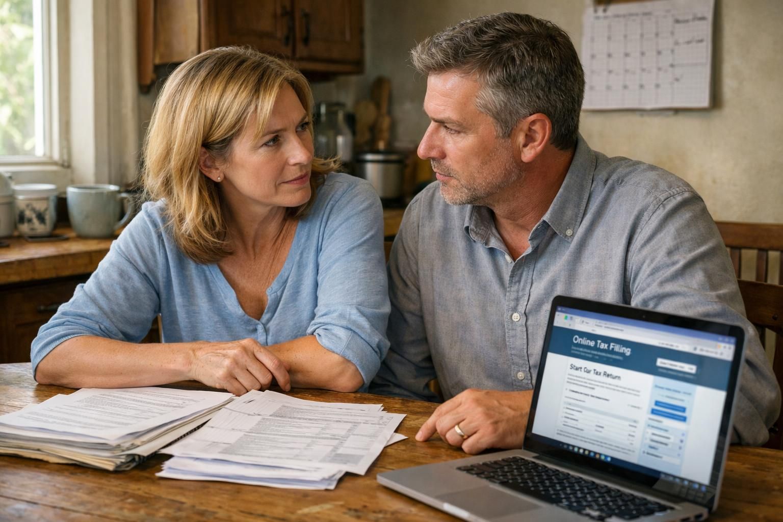 A couple reviews tax documents at their kitchen table. A couple reviews tax documents at their kitchen table.