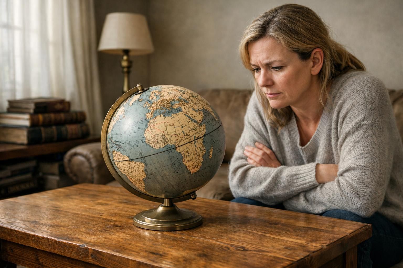 A woman contemplates financial decisions while gazing at a globe. A woman contemplates financial decisions while gazing at a globe.