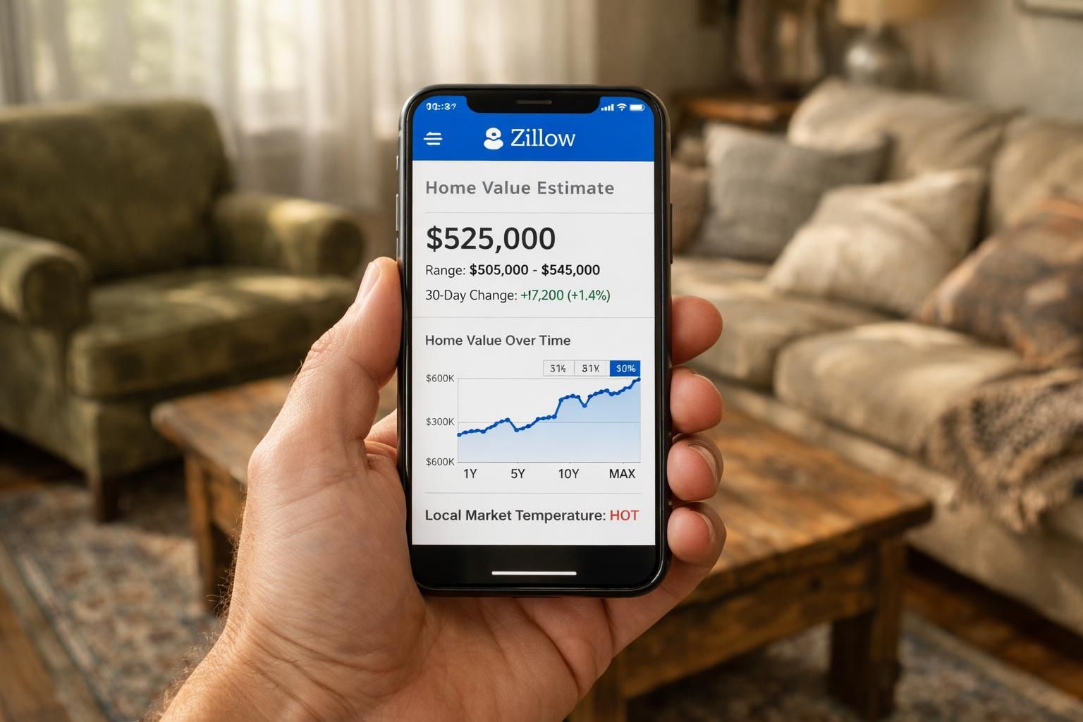 A person checks Zillow home values on their smartphone in a cozy living room. A person checks Zillow home values on their smartphone in a cozy living room.