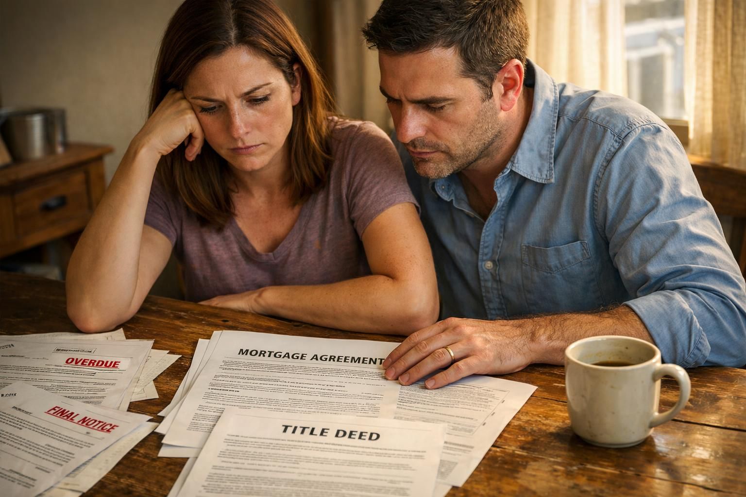 A couple discusses serious financial documents at a cluttered dining table.