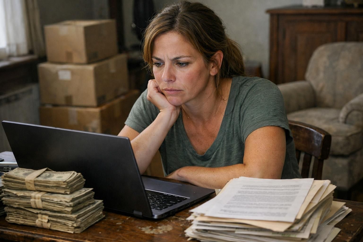 A woman concentrates on her laptop amid cluttered paperwork.