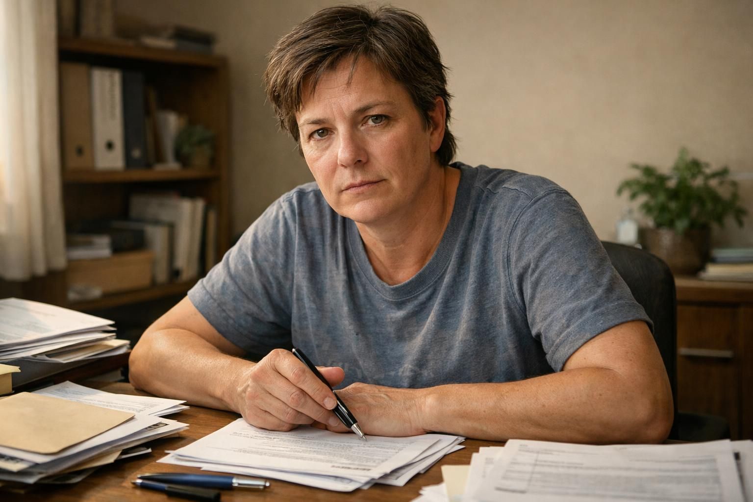 A weary individual at a cluttered desk displays stress and determination.