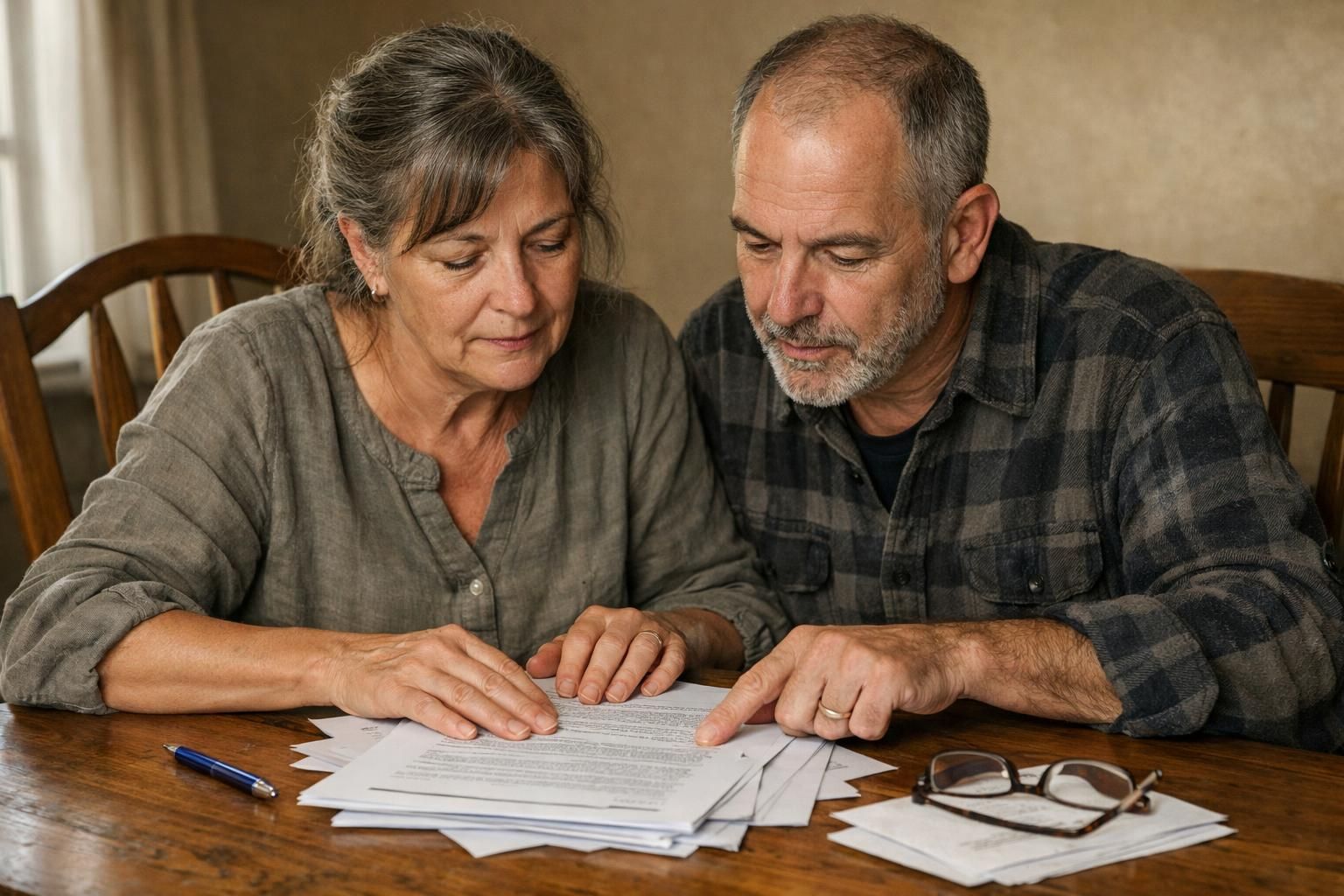 An older couple reviews documents at a cozy dining table.