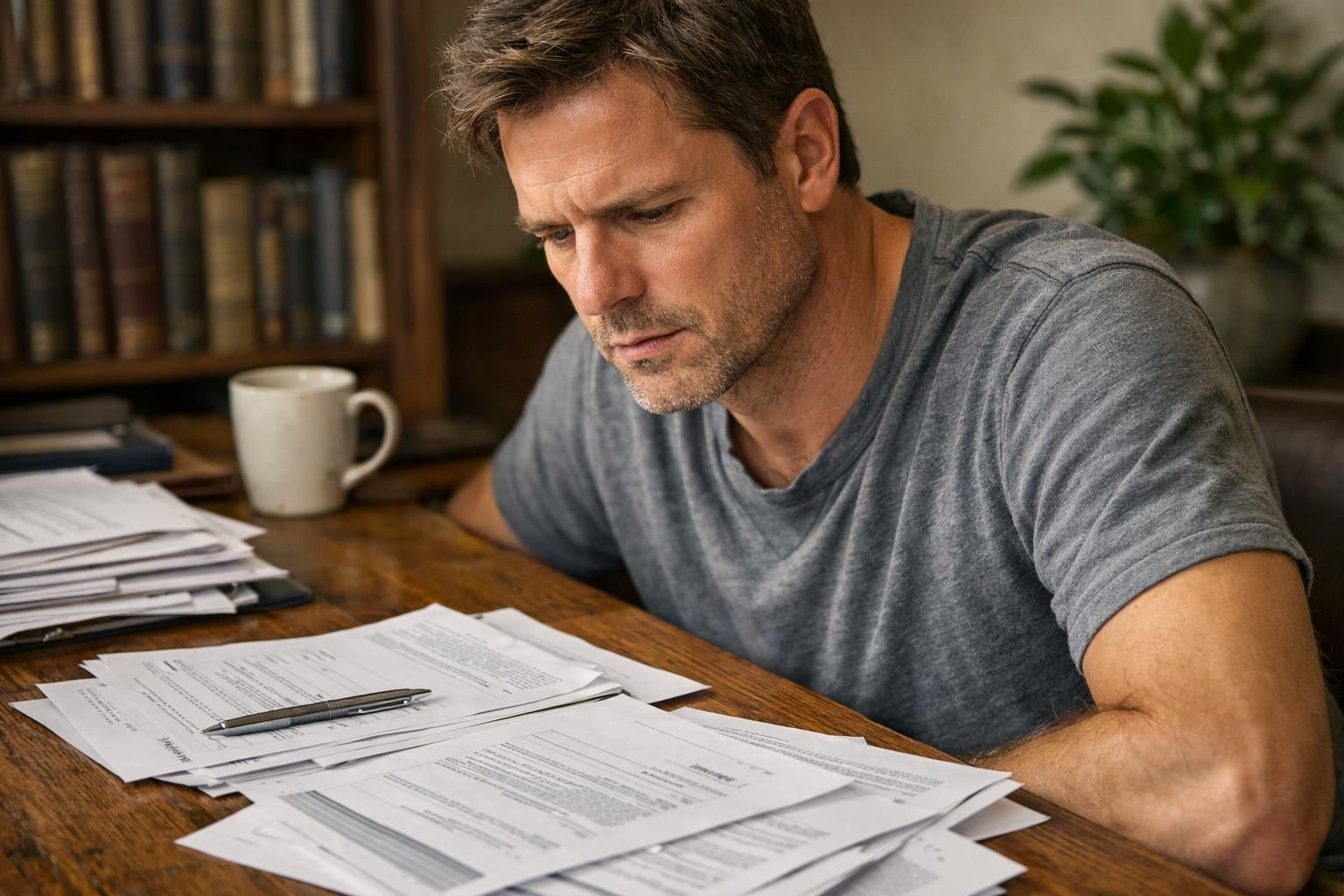 A focused man works at a cluttered home office desk.