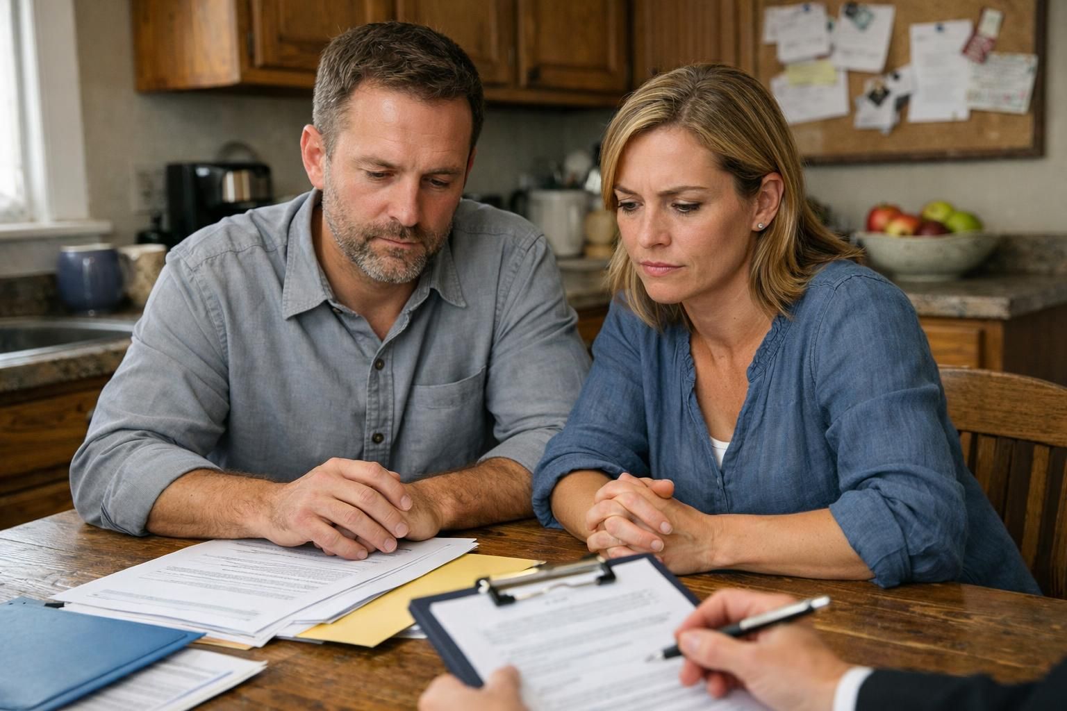 A couple discusses selling their home at a cluttered kitchen table.