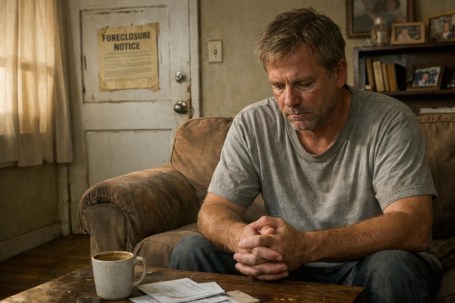 A weary individual sits in a neglected, cluttered living room.