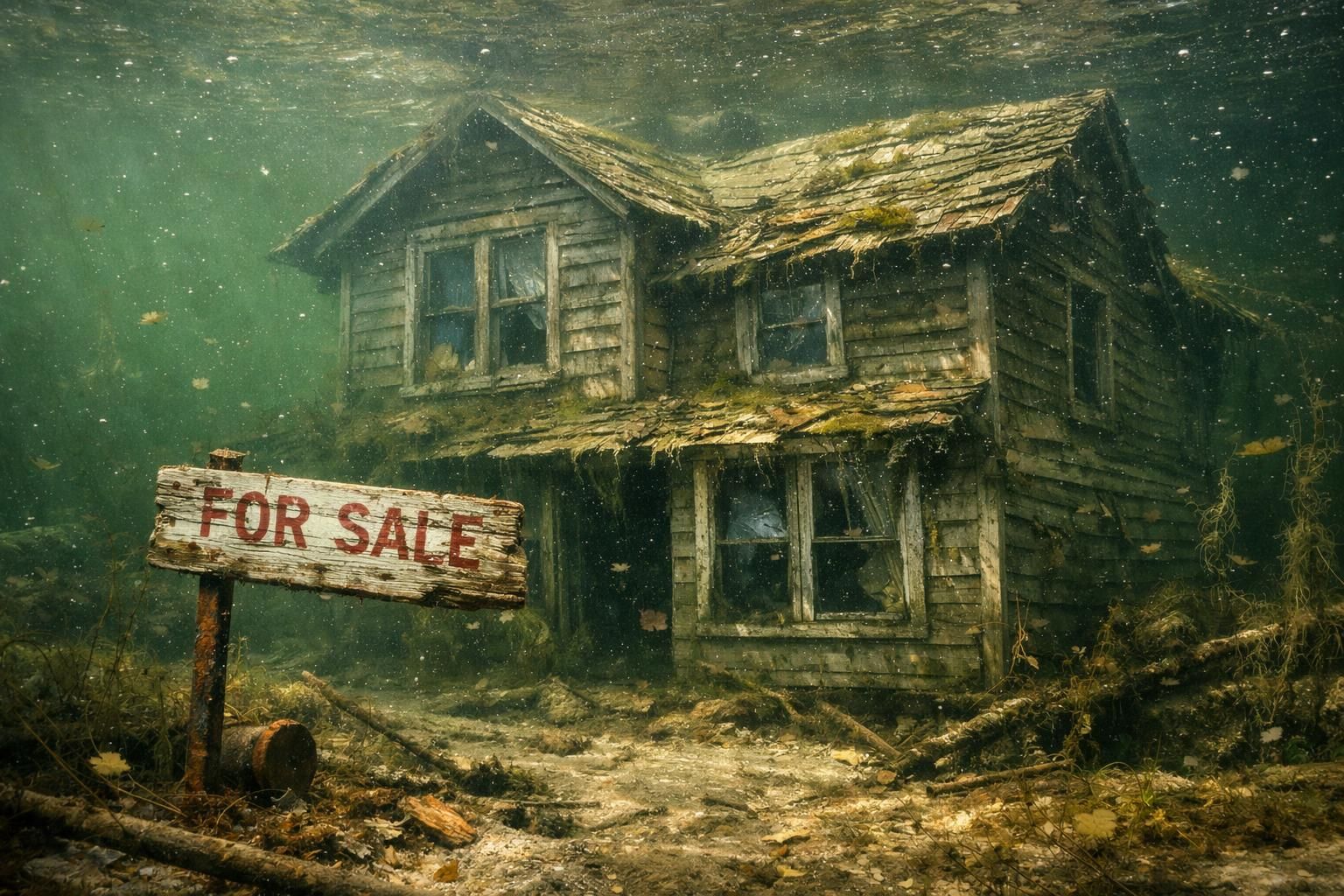 A submerged, dilapidated house with a crooked 'For Sale' sign.