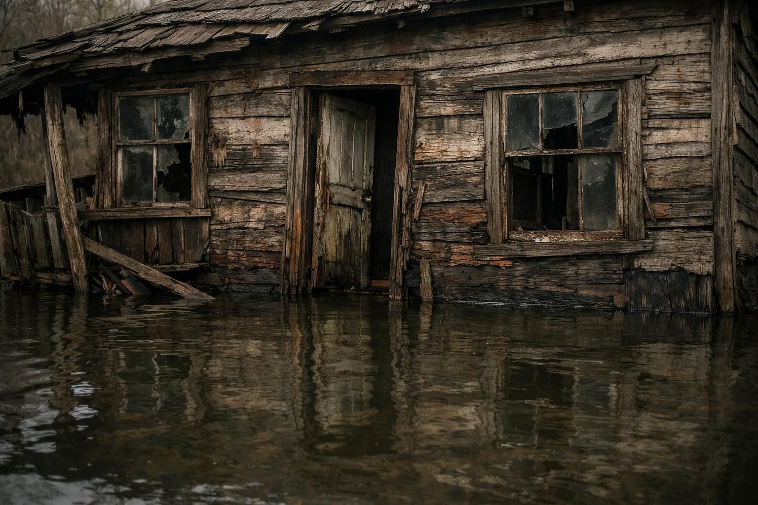 An abandoned wooden house partially submerged in murky water, showcasing decay.