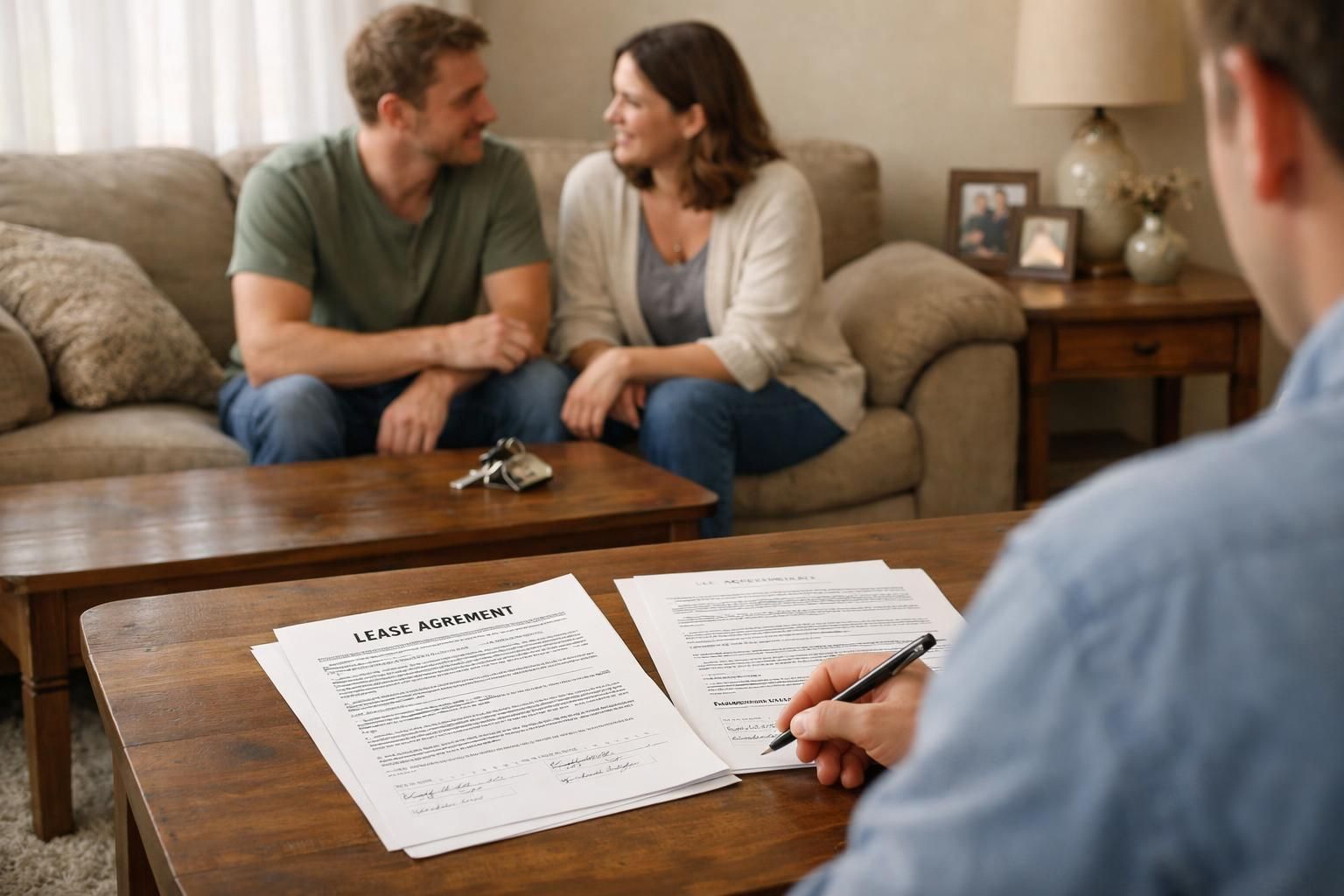 A potential buyer reviews lease agreements in a cozy living room. A potential buyer reviews lease agreements in a cozy living room.