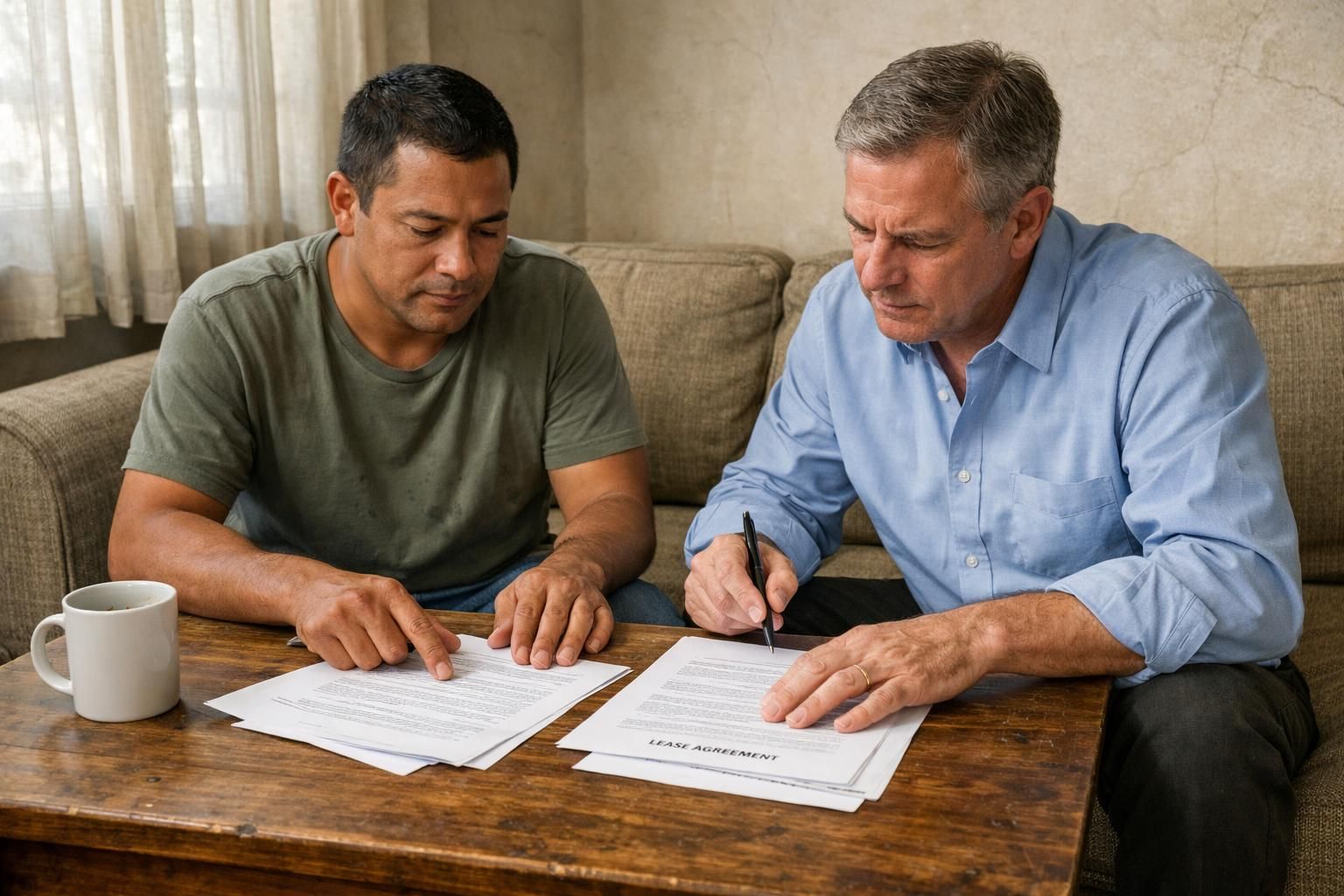 A tenant and landlord discuss lease agreements at a coffee table.