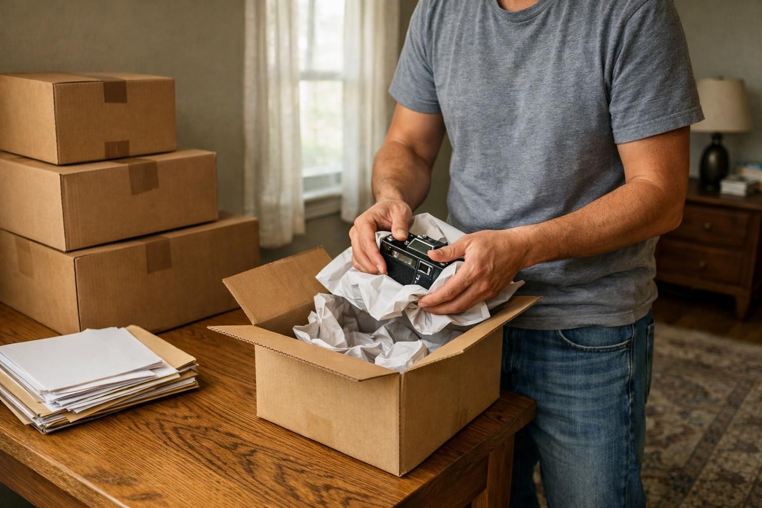 A person packs belongings in a modest, organized room.