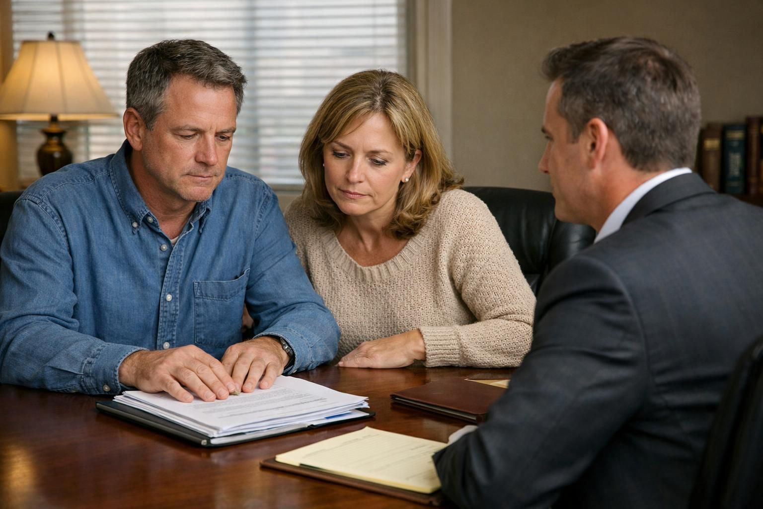 A couple consults a probate attorney in a serious office setting.