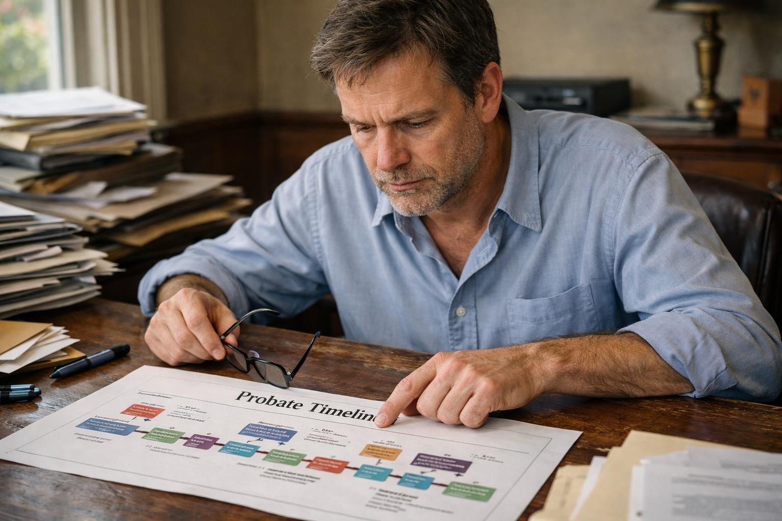 A middle-aged man reviews legal documents at a cluttered desk.