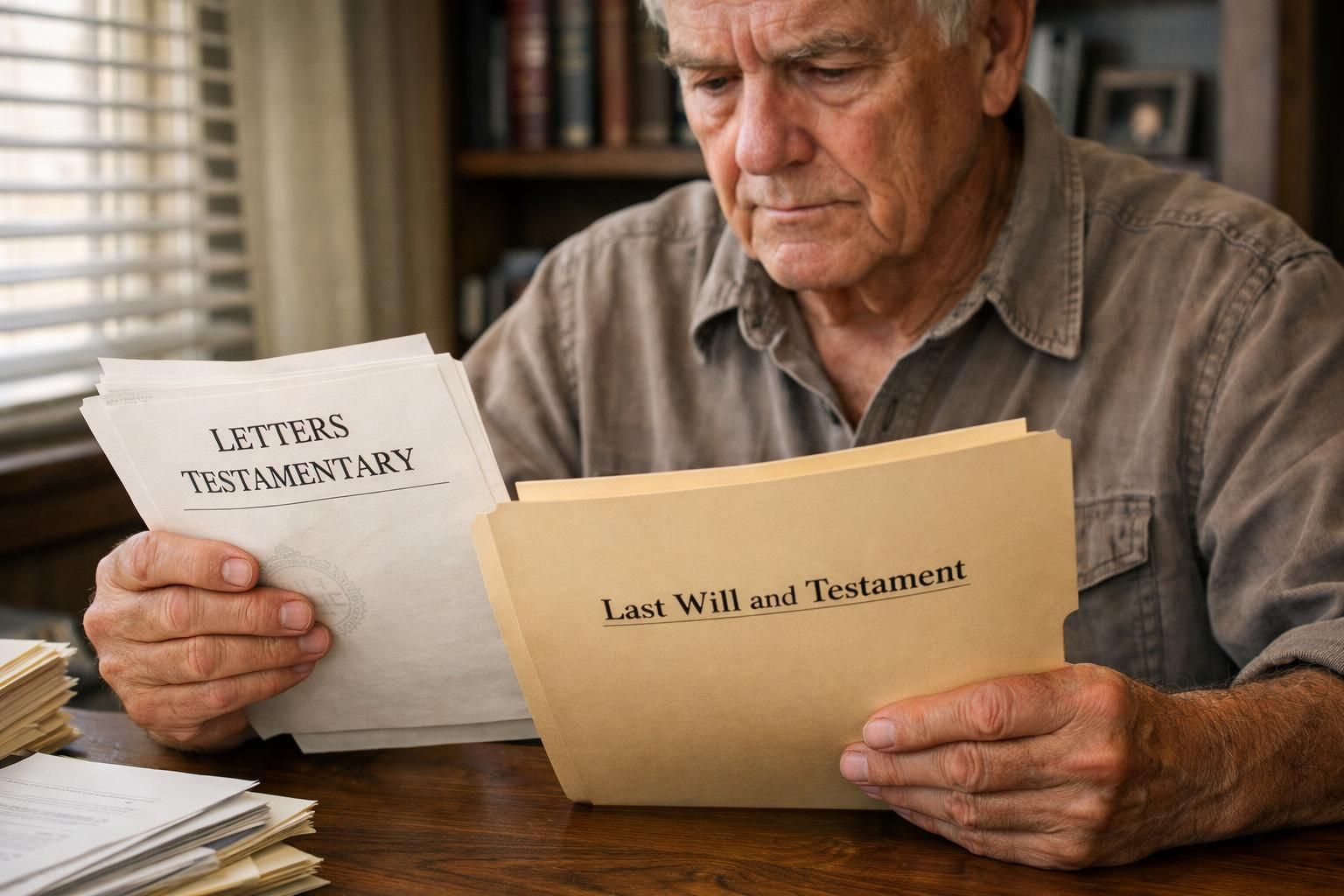 An older individual reviews legal documents at a cluttered wooden desk.