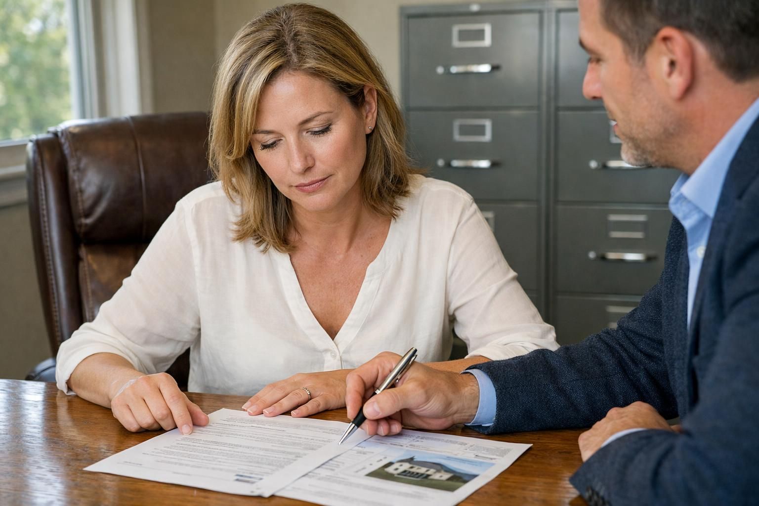 A focused woman reviews paperwork with a professional real estate agent.