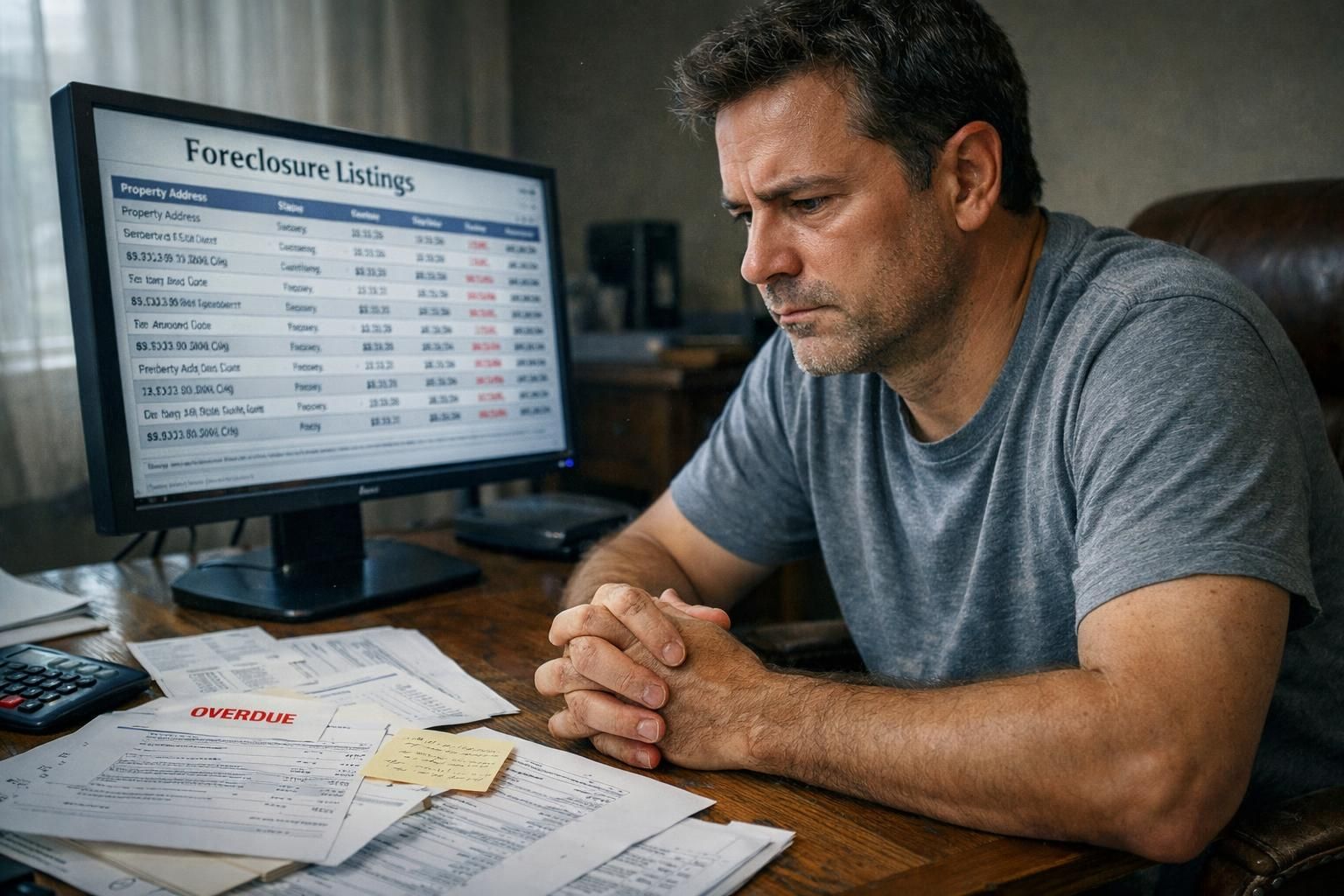 A person anxiously reviews financial documents at a cluttered desk.