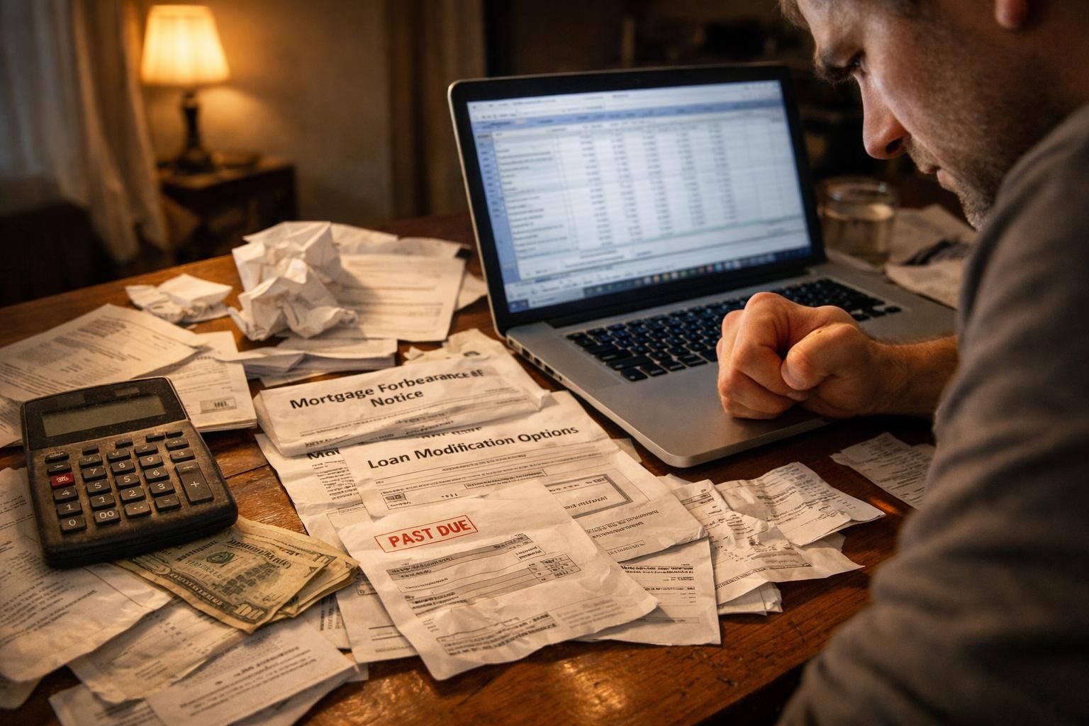 A cluttered desk reflects anxiety over financial documents and loan issues.