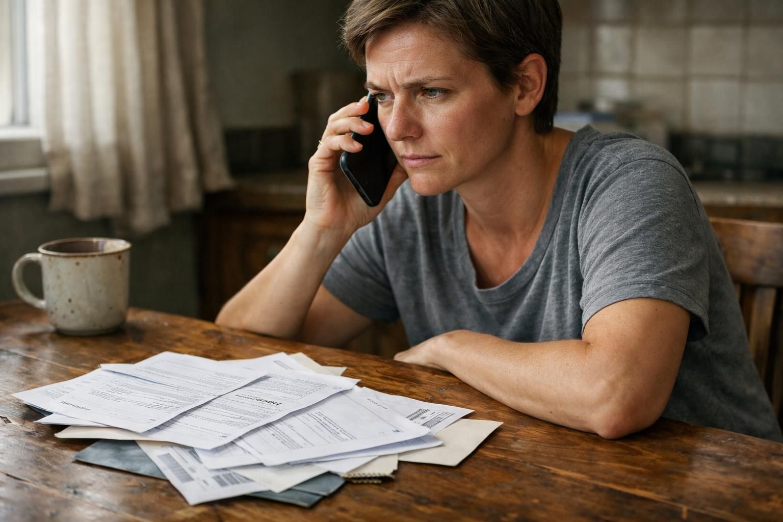 A concerned person sits at a cluttered kitchen table on a call.