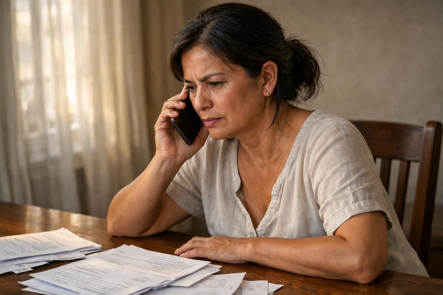A middle-aged woman talks on the phone at a cluttered table.