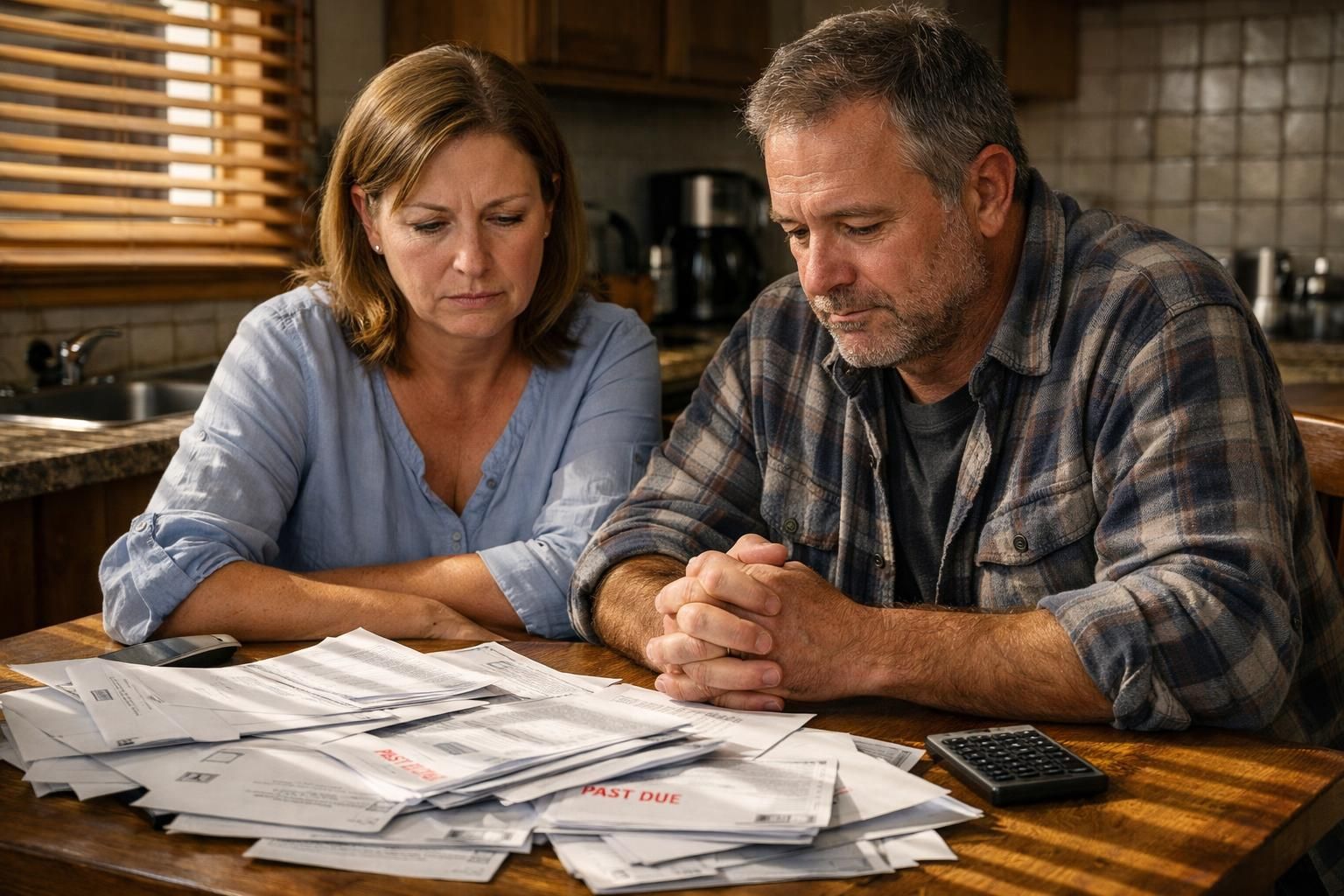 A concerned couple sits at a cluttered table amidst financial paperwork. A concerned couple sits at a cluttered table amidst financial paperwork.