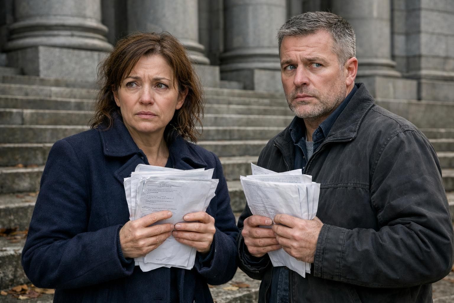 A nervous couple stands outside a courthouse, holding legal documents. A nervous couple stands outside a courthouse, holding legal documents.