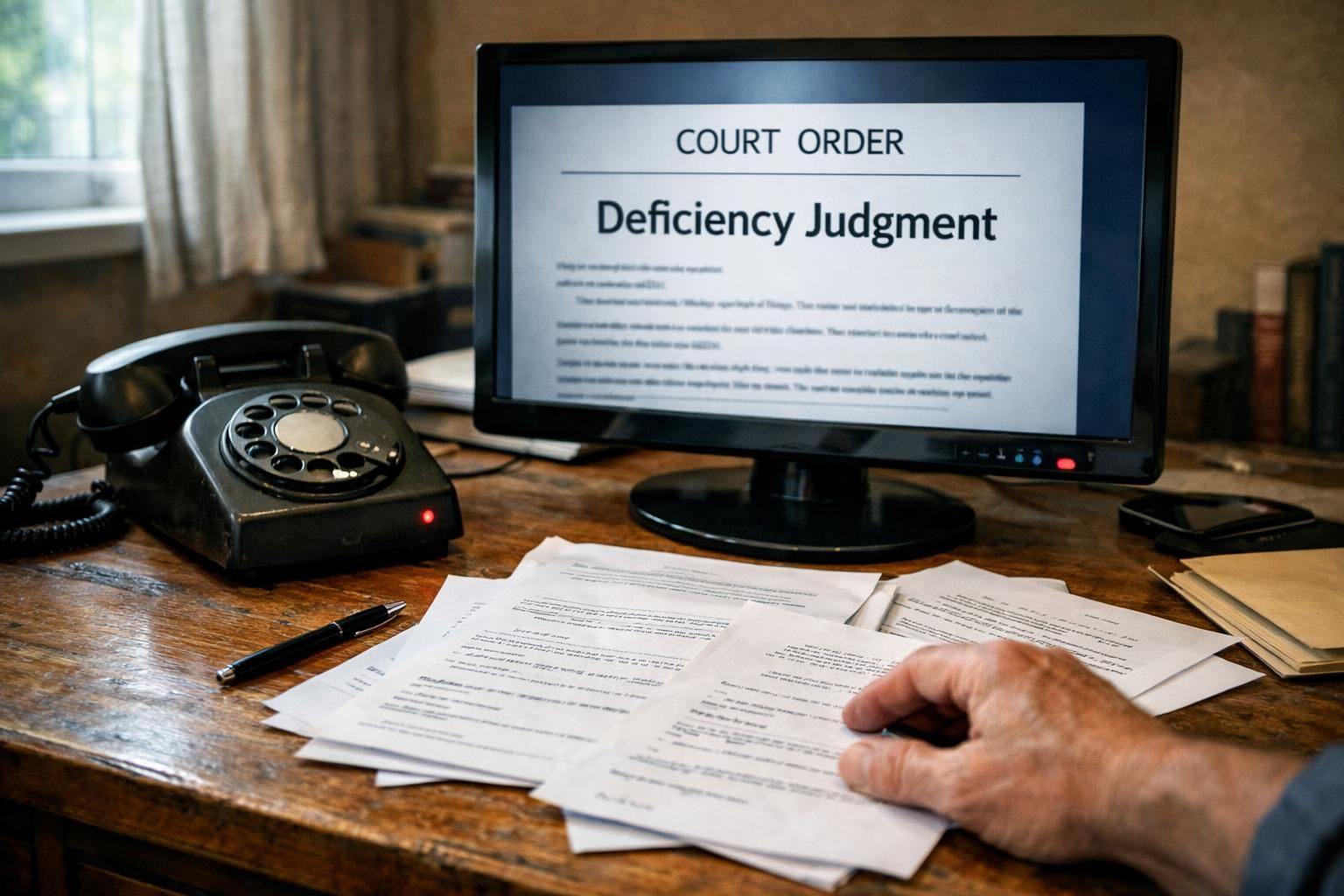 A cluttered wooden desk features legal documents and an aged rotary phone. A cluttered wooden desk features legal documents and an aged rotary phone.