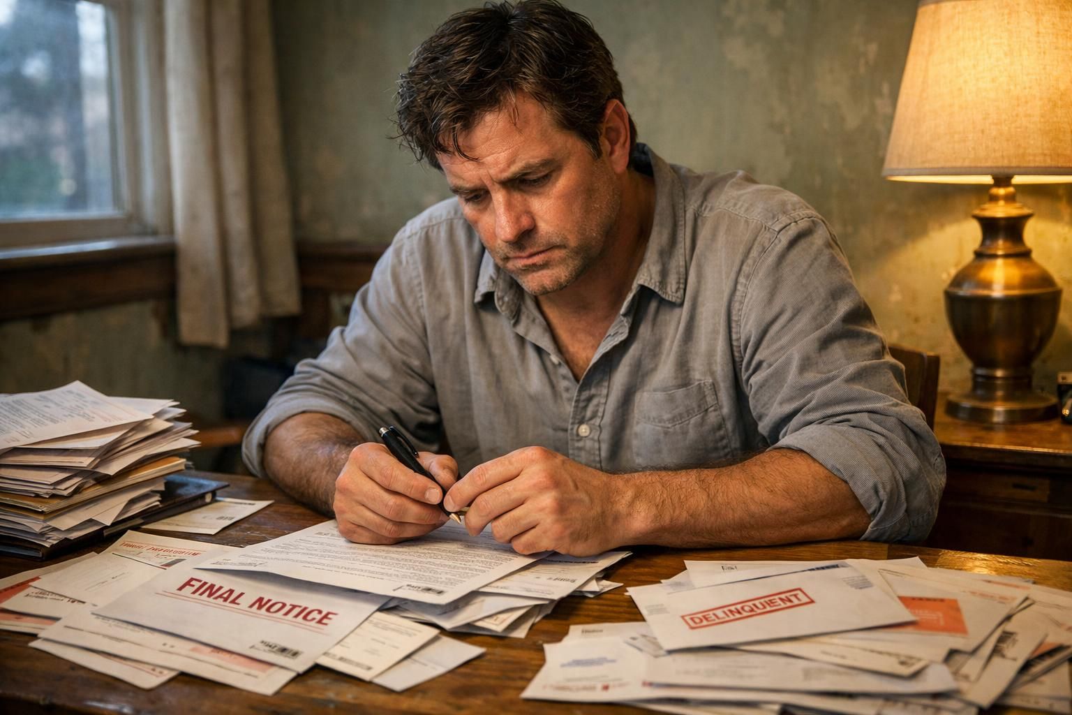 A stressed man sits at a cluttered desk filled with bills. A stressed man sits at a cluttered desk filled with bills.
