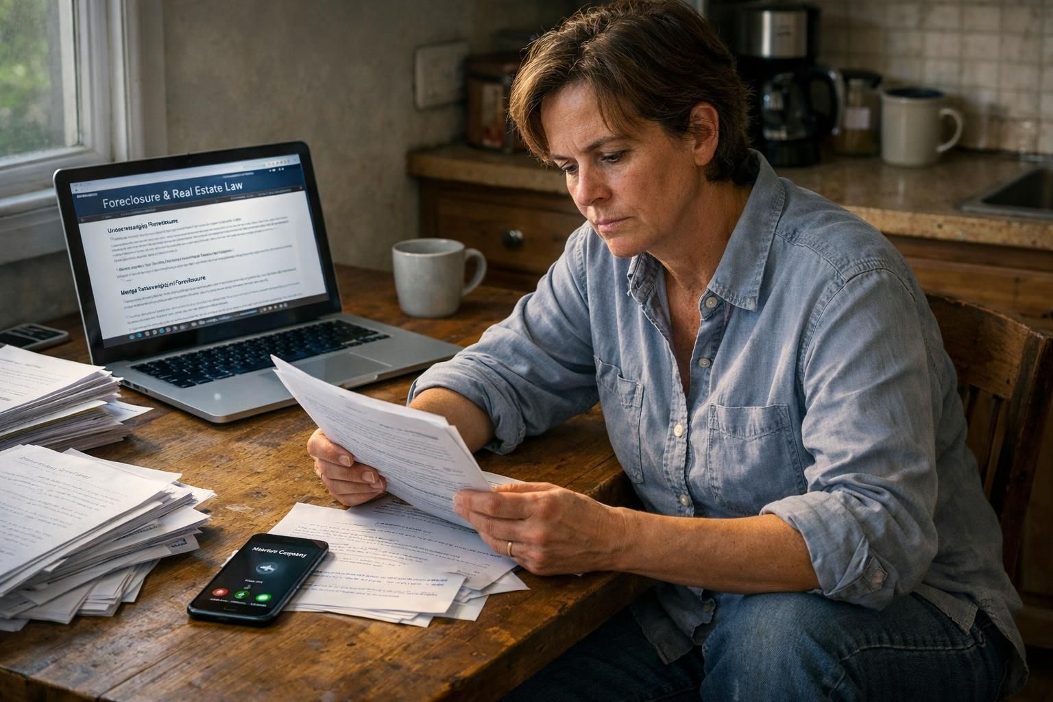 A focused individual navigates foreclosure paperwork at a cluttered kitchen table. A focused individual navigates foreclosure paperwork at a cluttered kitchen table.