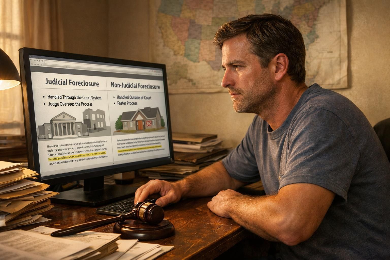 A man studies foreclosure laws at a cluttered desk.