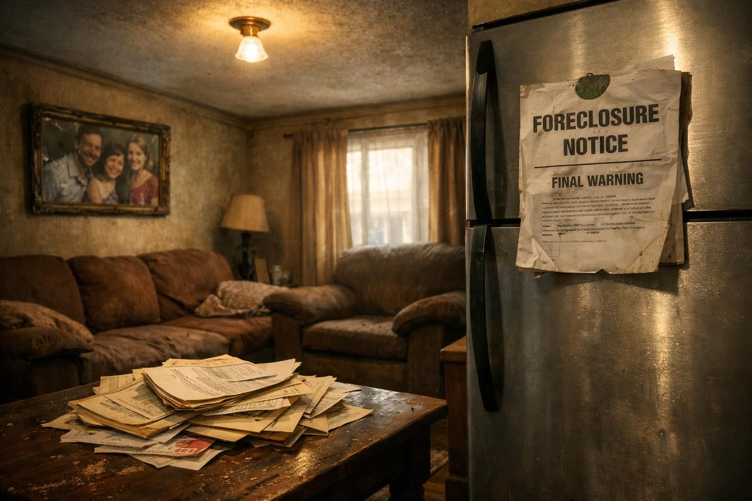 A cluttered living room reflects neglect and financial distress.