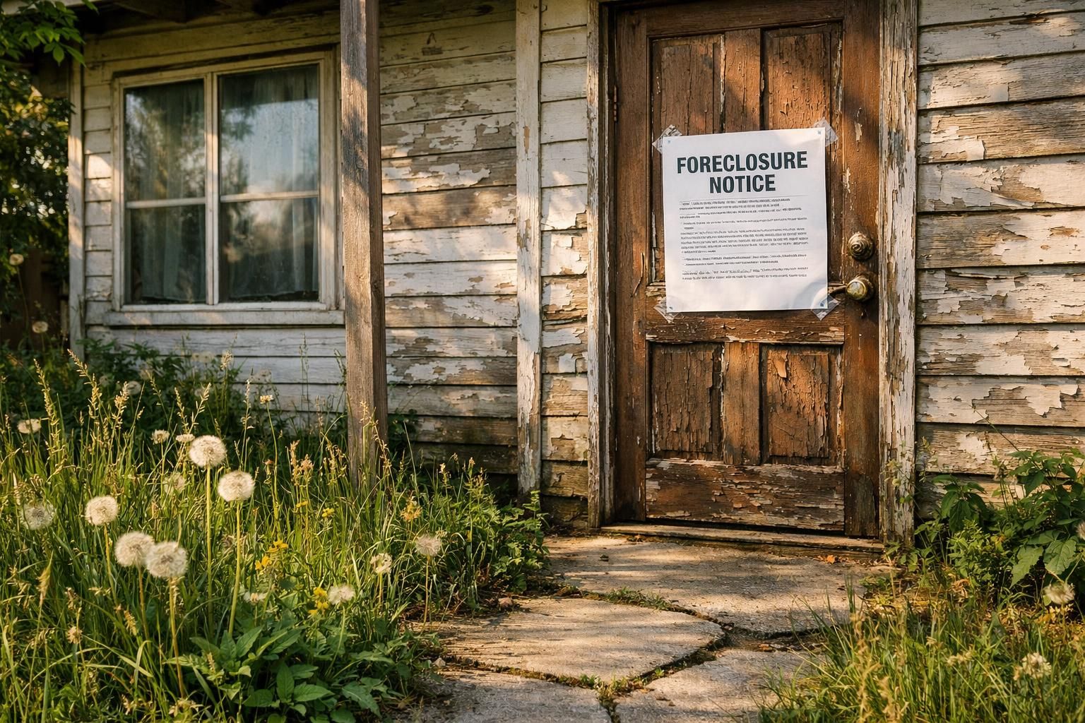 A weathered family home displays signs of neglect and foreclosure.