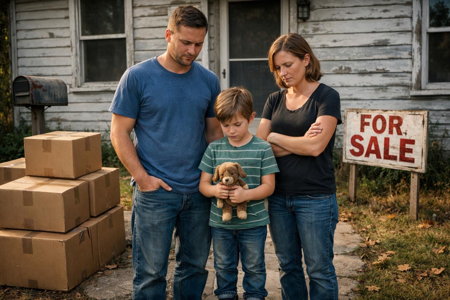 A family stands somberly in front of a foreclosed house.