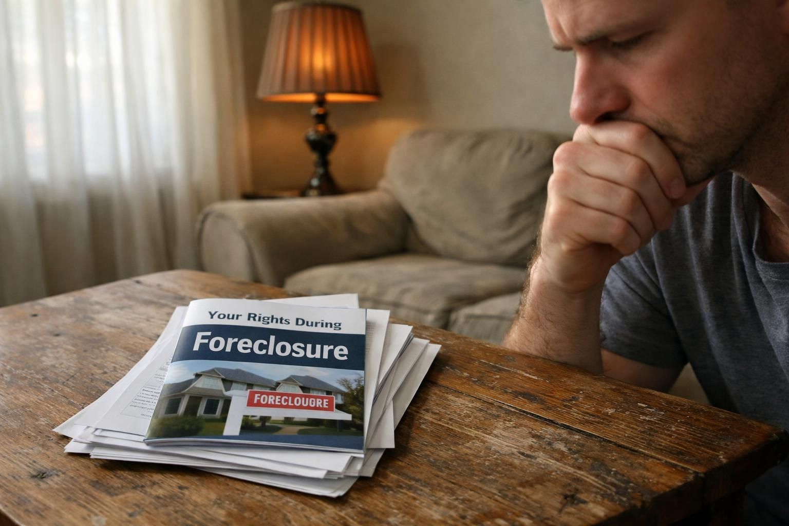A living room scene conveys tension amid foreclosure documents on a coffee table.