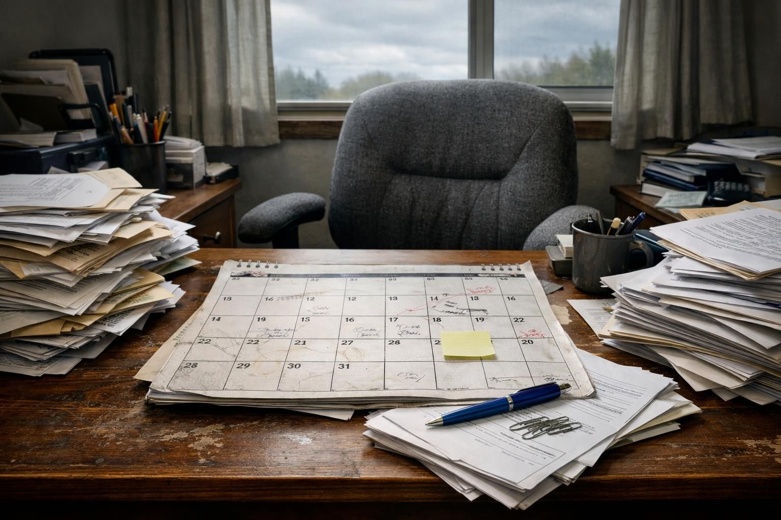 Cluttered home office filled with unpaid bills and documents.