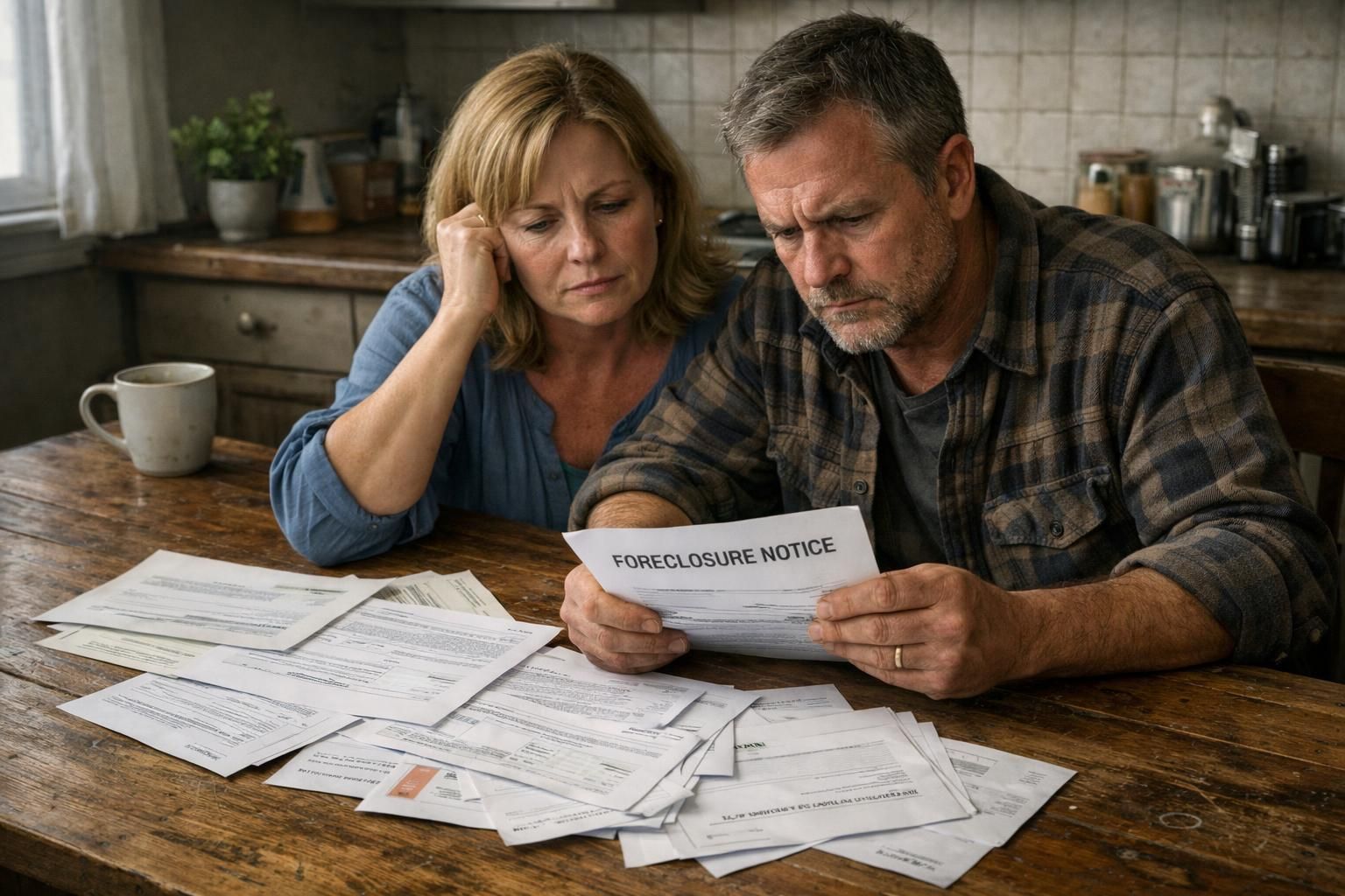 A worried couple faces financial hardship at their cluttered kitchen table.