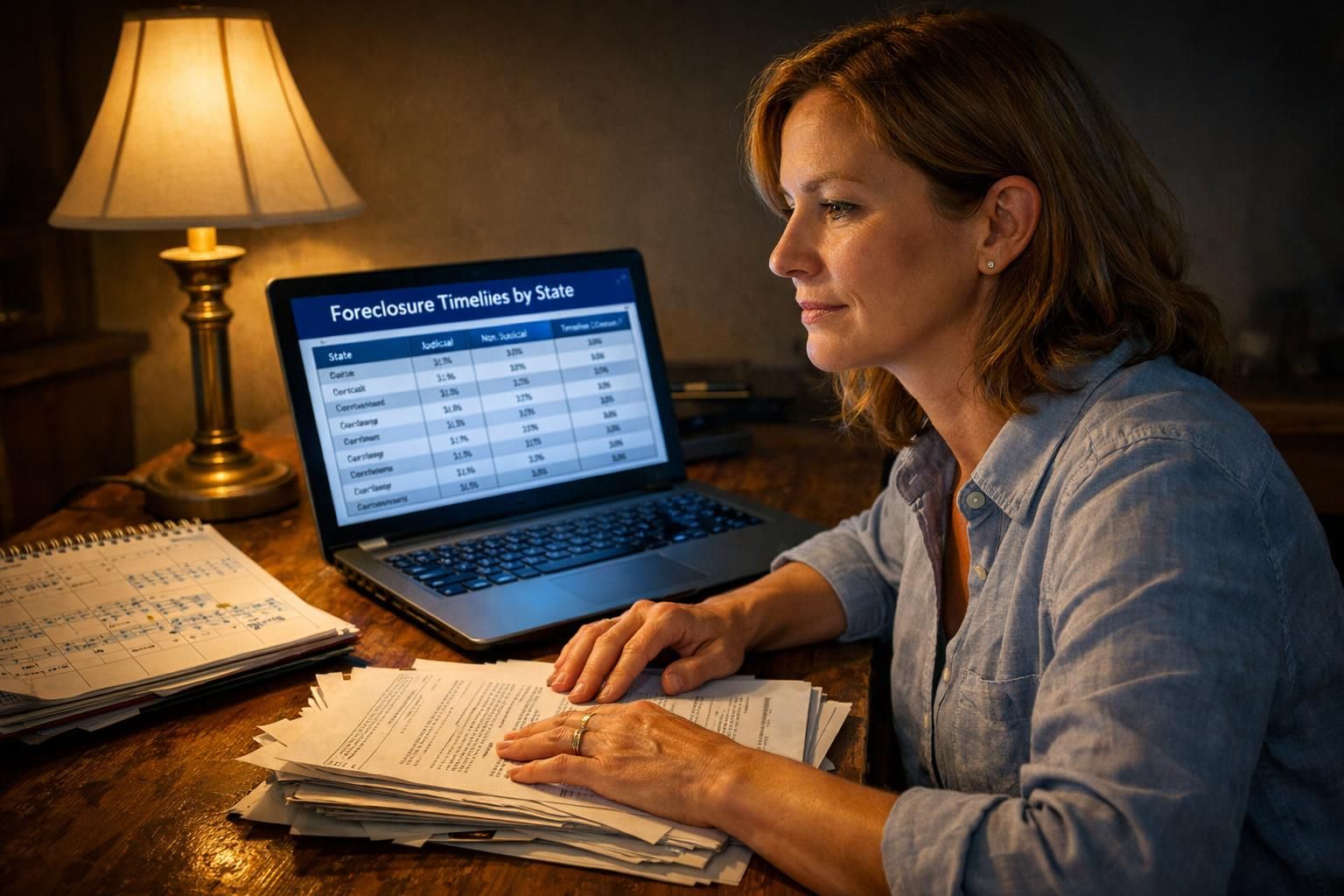 A woman works intently at a cluttered wooden desk late at night. A woman works intently at a cluttered wooden desk late at night.