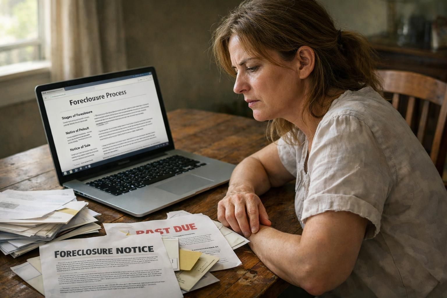 A woman contemplates foreclosure notices at a cluttered dining table.