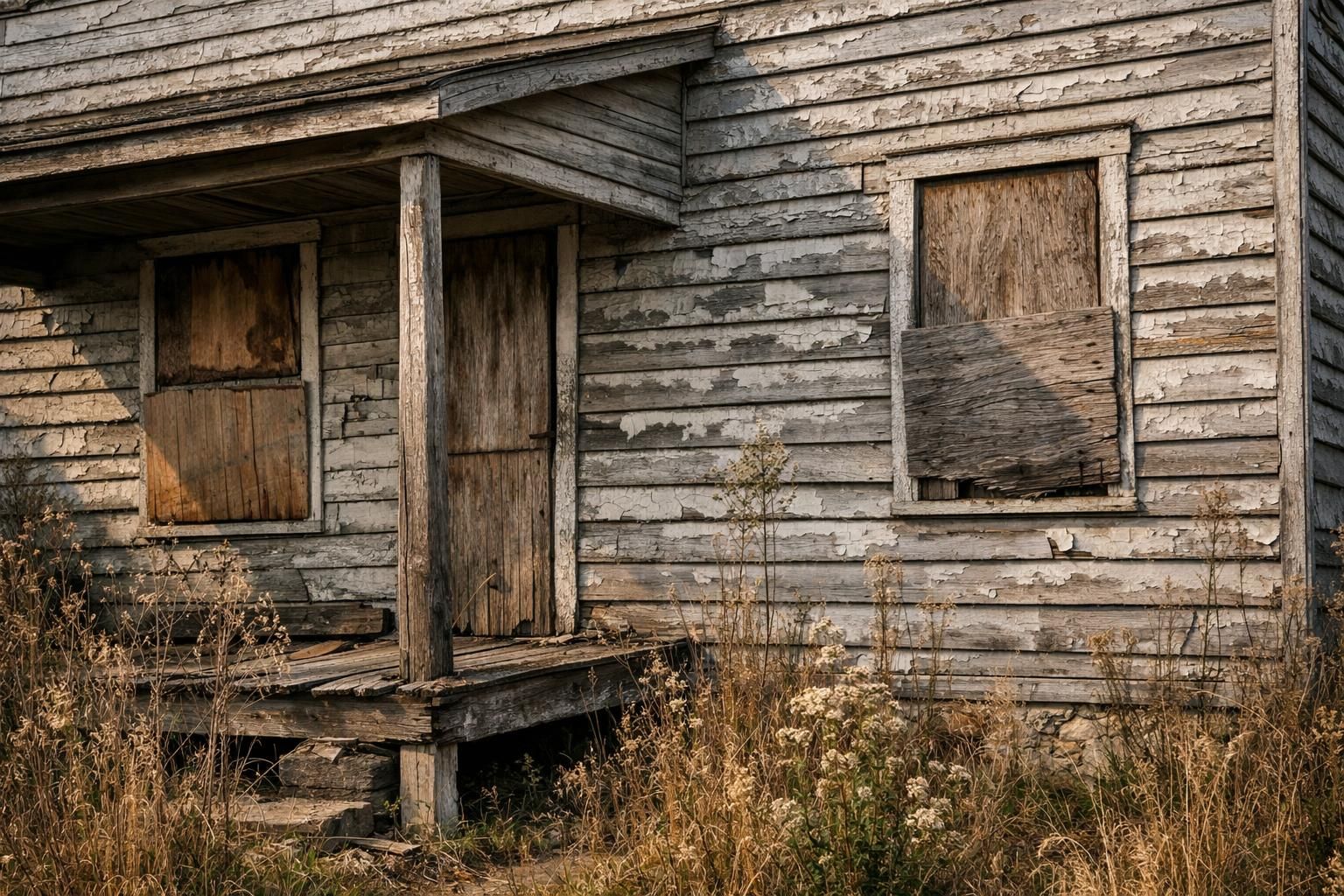 An abandoned wooden house shows signs of decay and neglect.