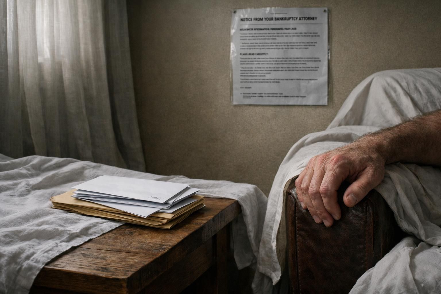 A tense man sits in a somber, messy living room.