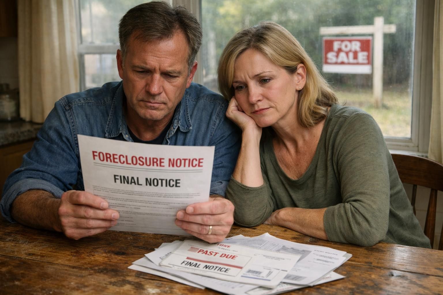 A worried couple faces financial distress at their kitchen table.