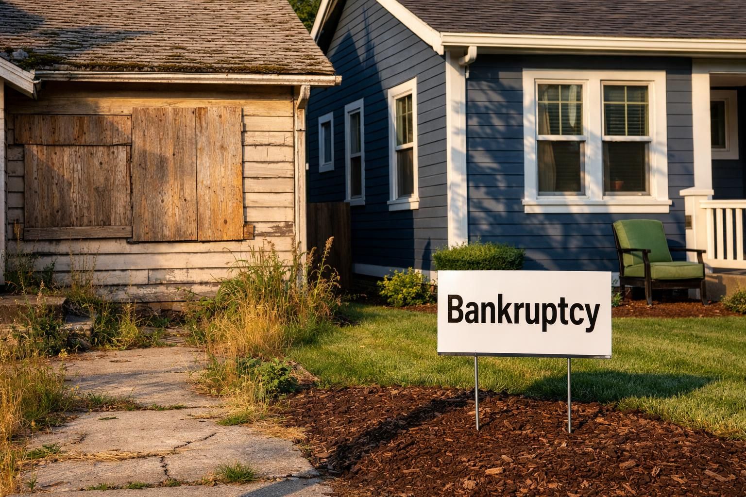 Dramatic contrast between an abandoned house and a well-kept home.