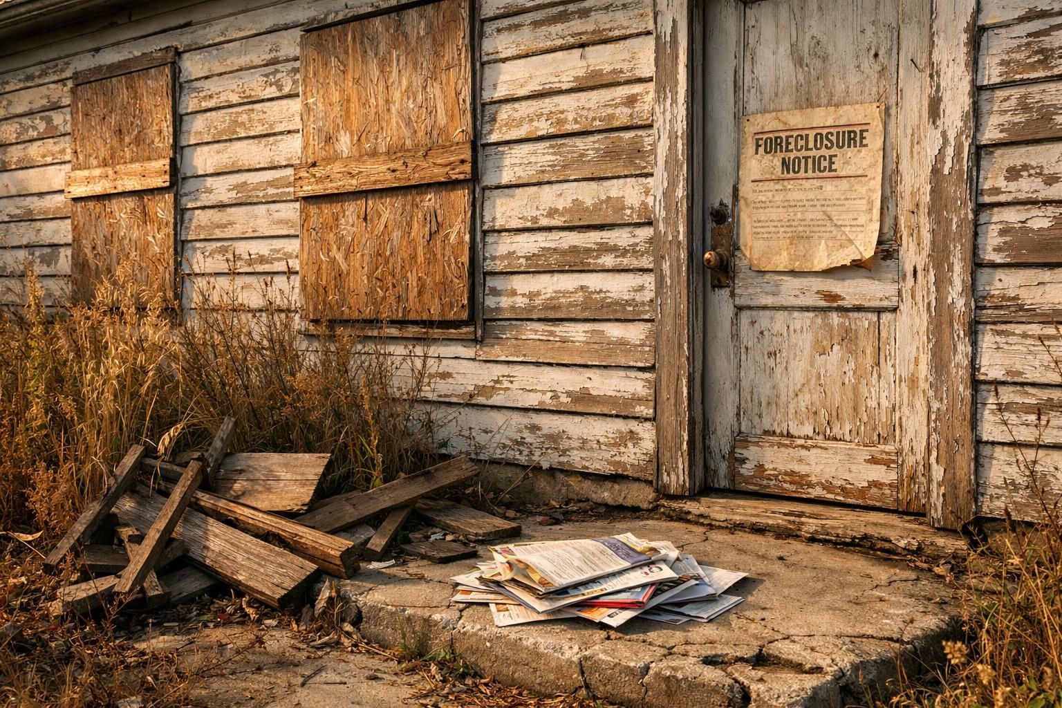 Abandoned house shows neglect with weathered wood and scattered debris.