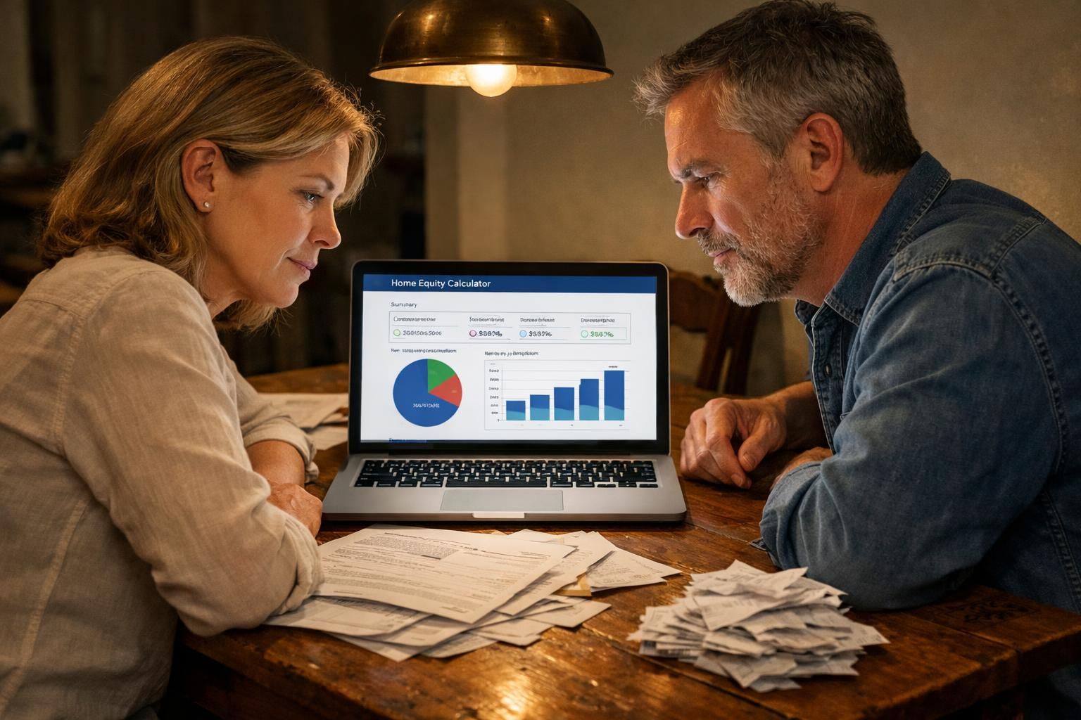 A couple reviews home equity reports at a cluttered dining table.