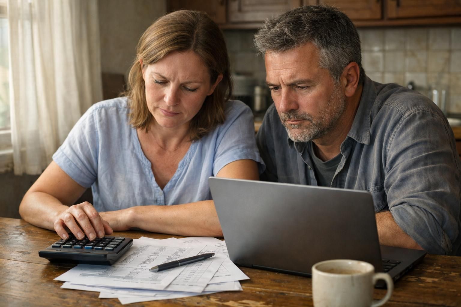 A couple collaborates on financial tasks at their kitchen table.