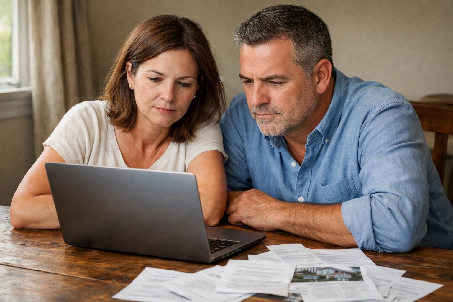 A couple discusses real estate listings at their dining table.
