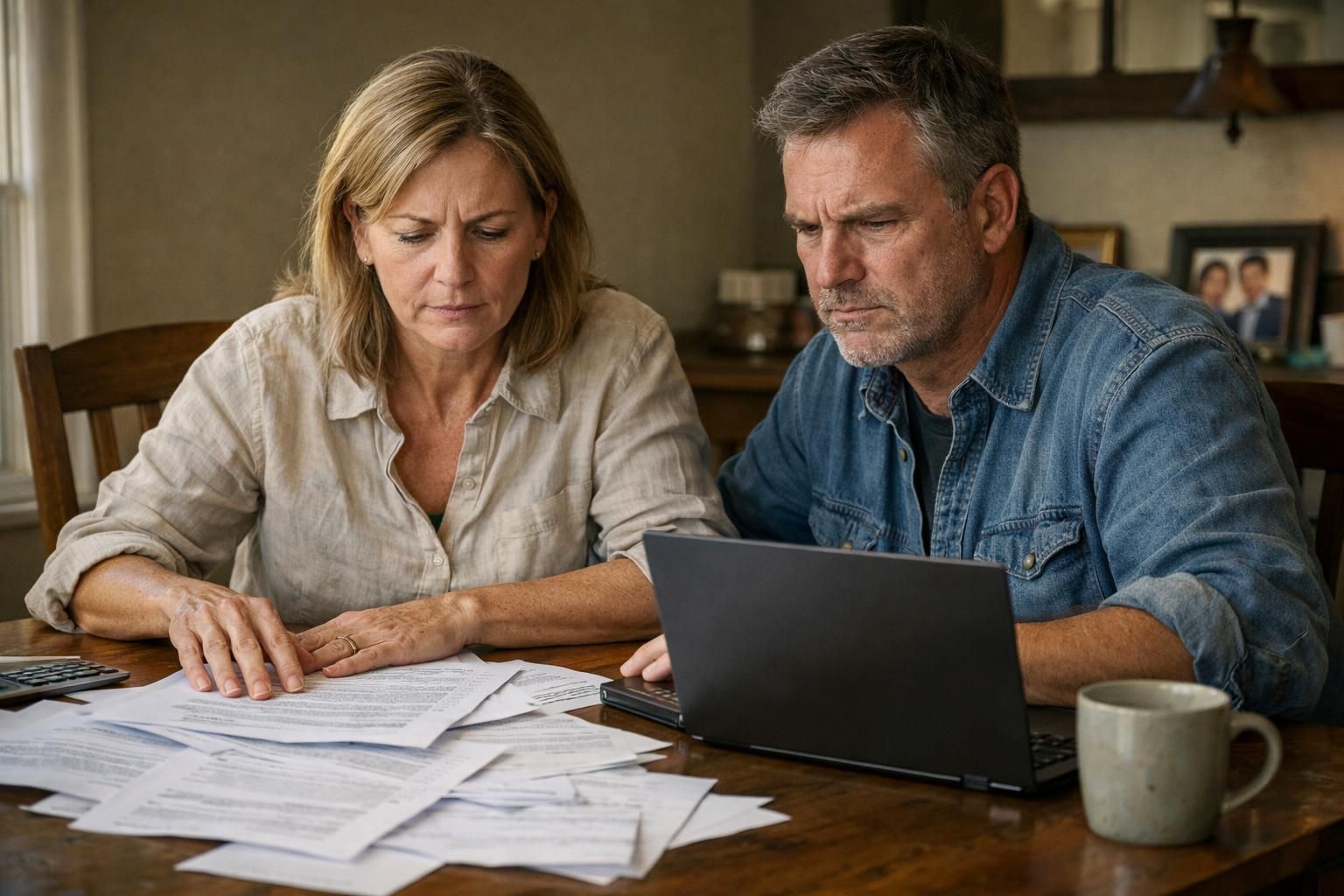 A couple examines financial documents, reflecting tension over their home's sale.