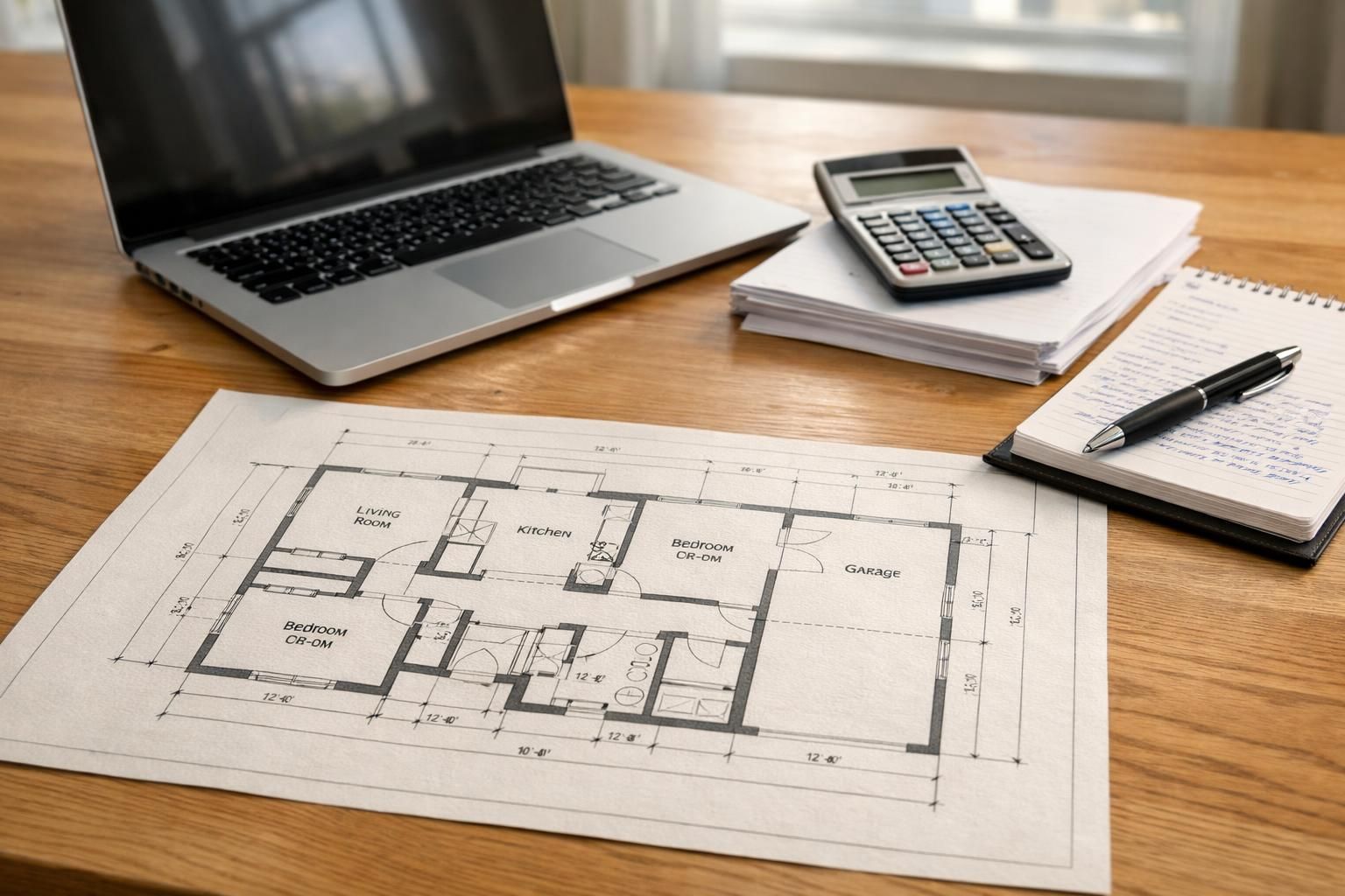 A modern desk displays a laptop, calculator, notepad, and blueprint.