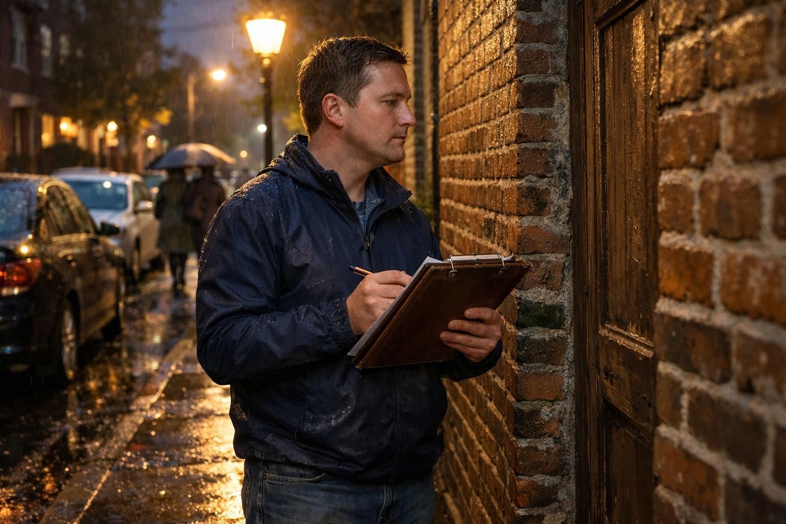 A home appraiser inspects a brick house on a rainy evening. A home appraiser inspects a brick house on a rainy evening.